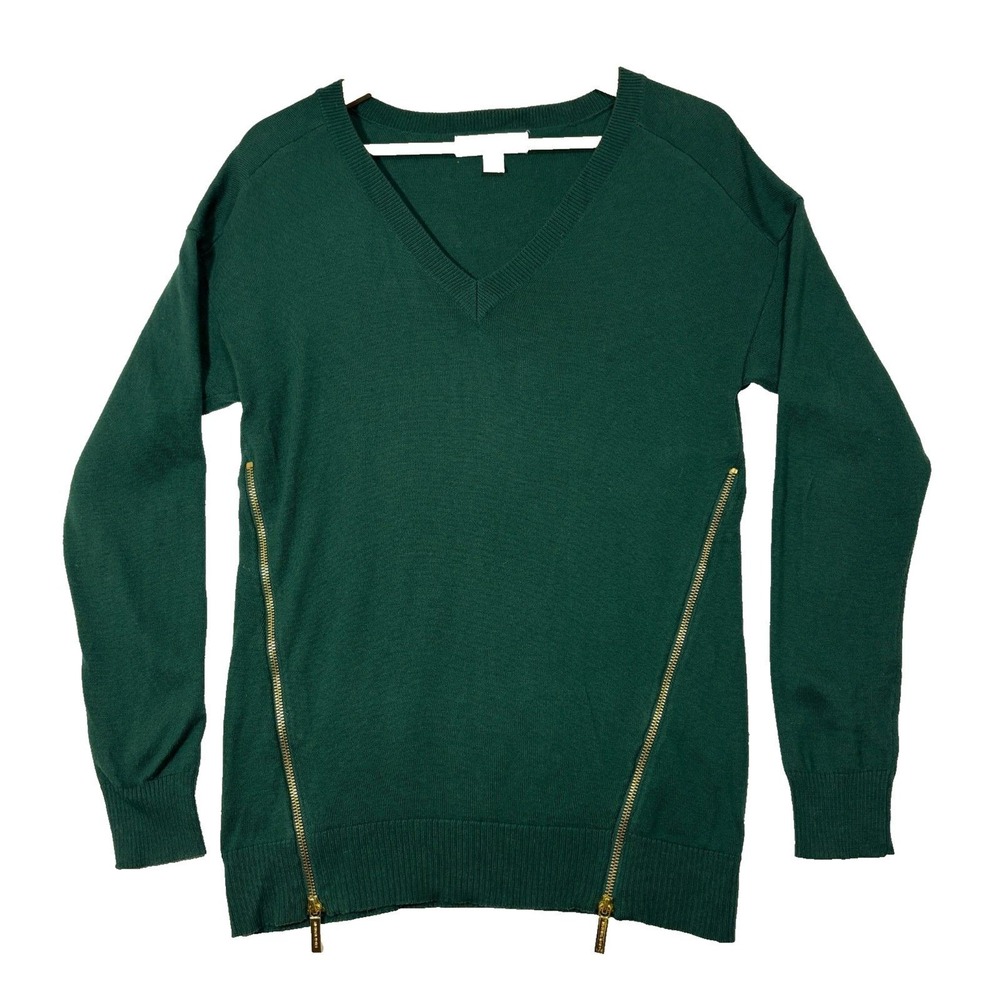 Michael Kors Sweater Green V-Neck Gold Side Zippers Angora‎ Blend Work Casual S